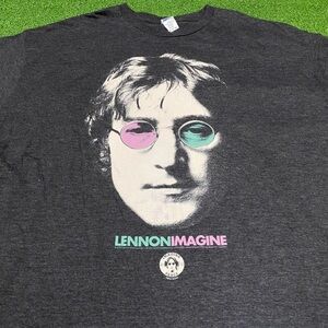 John Lennon Imagine T-Shirt Charcoal Grey Retro Pink & Teal Portrait Graphic 2XL